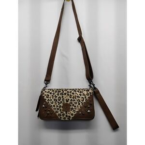 STS Ranchwear Leopard Hair On Hide Leather Crossbody Wallet Bag Brown Studded